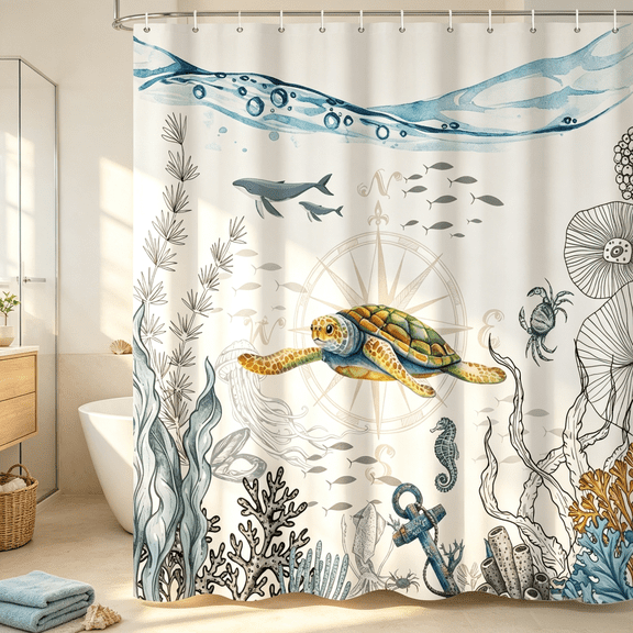 Mizhona Nautical Sea Turtle Shower Curtain Ocean Coastal Theme with Corals Bathroom Curtain Decor 72"X72"