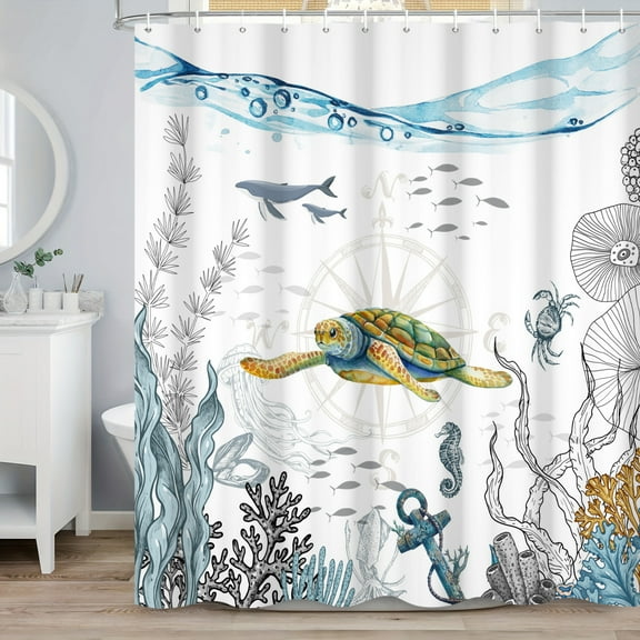 Mizhona Sea Turtle Shower Curtain Ocean Coastal Theme Bathroom Curtain Decor 72"X72"
