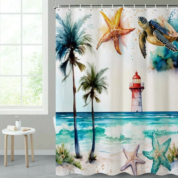 Mizhona Summer Shower Curtain Funny Sea Turtle for Bathroom Waterproof Polyester Modern Ocean Decor with Hooks 72"X72"