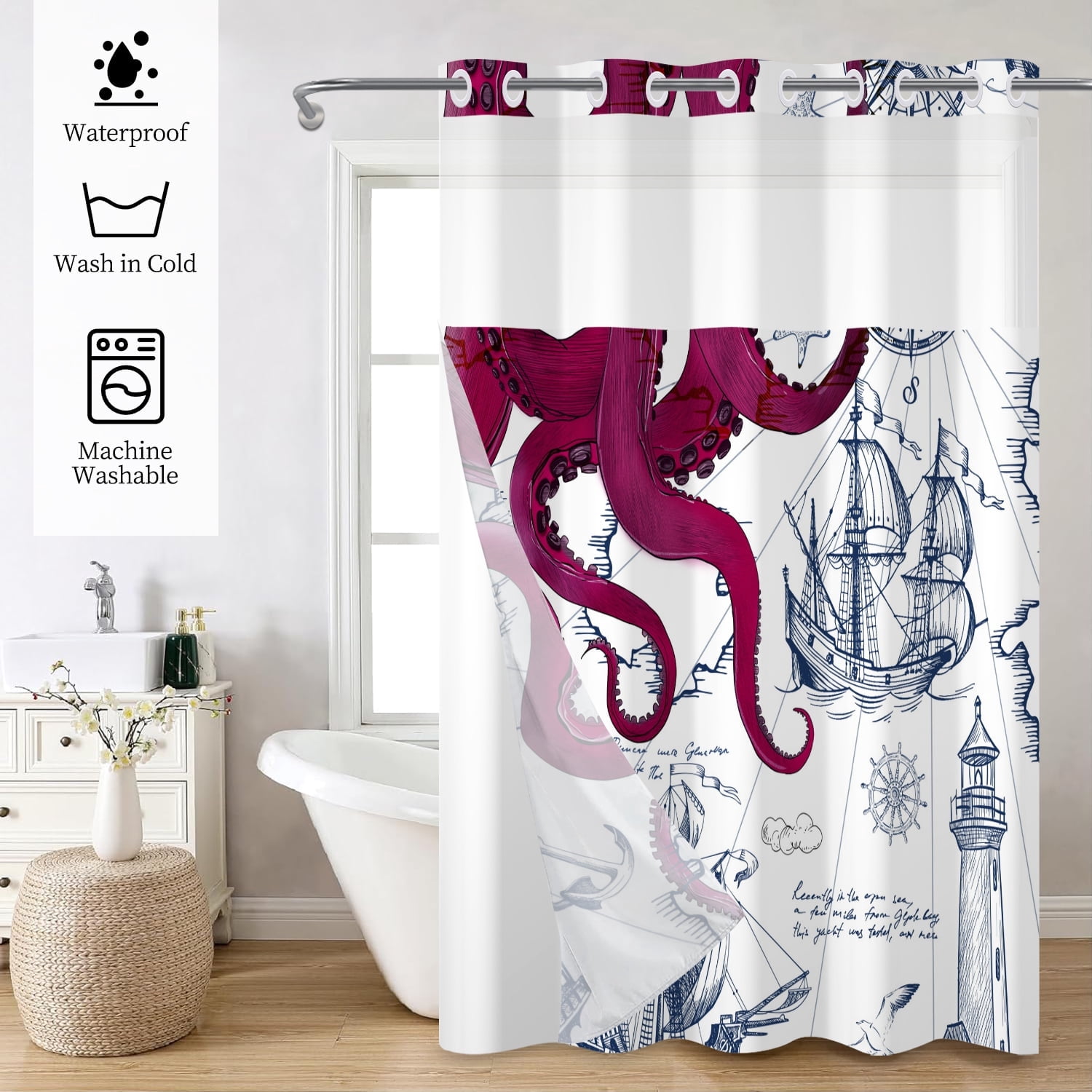 Mizhona Ocean Octopus Shower Curtain with Snap in Liner Nautical Coastal No Hook Fabric Bathroom Curtain,71"× 74"