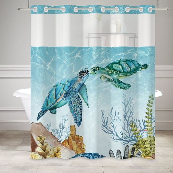 Mizhona Teal Green Sea Turtles Hookless Shower Curtain with Snap in Liner,No Hooks Bath Curtain,71"× 74"