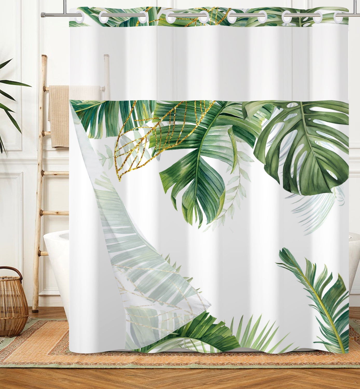 Mizhona Tropical Palm No Hooks Shower Curtains with Snap in Liner Green ...