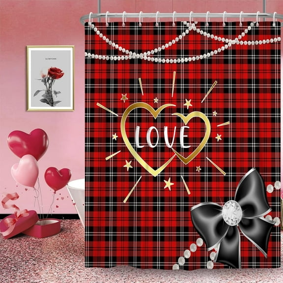 Mizhona Valentine Shower Curtain Buffalo Plaid and Bow for Bathroom Decoration with Hooks 72"x72"