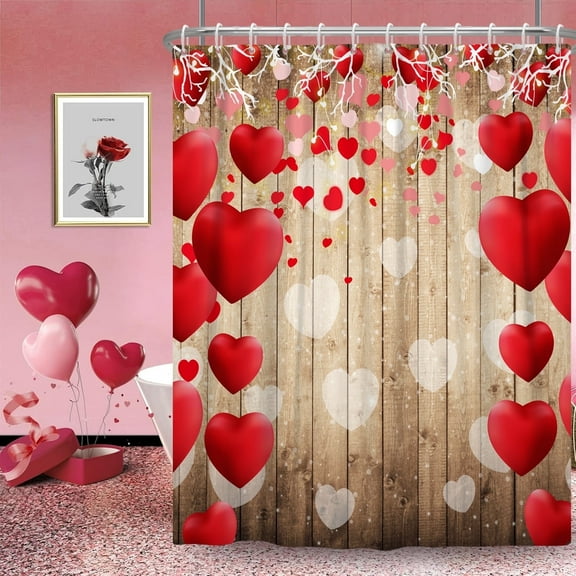 Mizhona Valentine Shower Curtain Heart with Wood Grain for Bathroom Waterproof Country Romantic Decor with Hooks 72"x72"