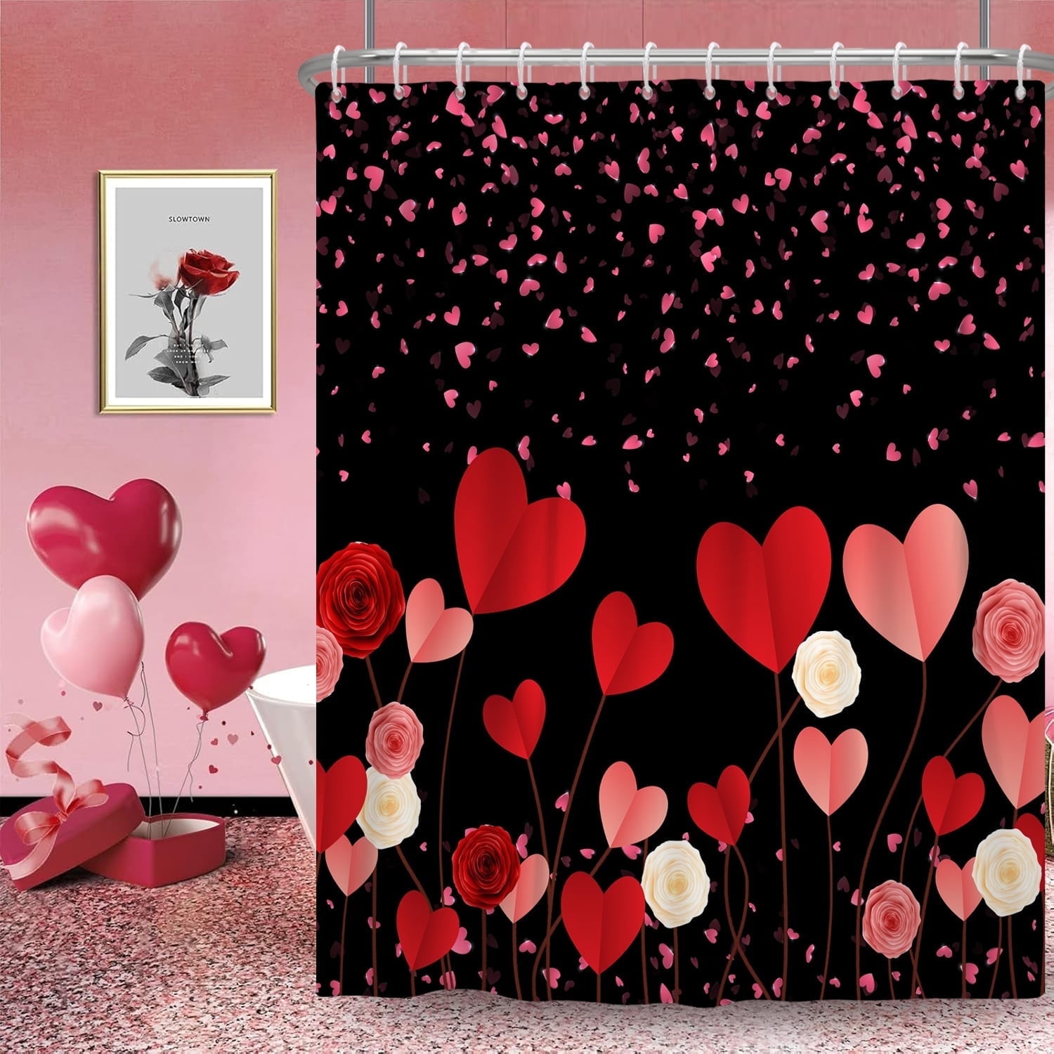 MIZHONA Mother's Day Shower Curtain Black Falling Hearts Bathroom Decor with Hooks 72"x78"