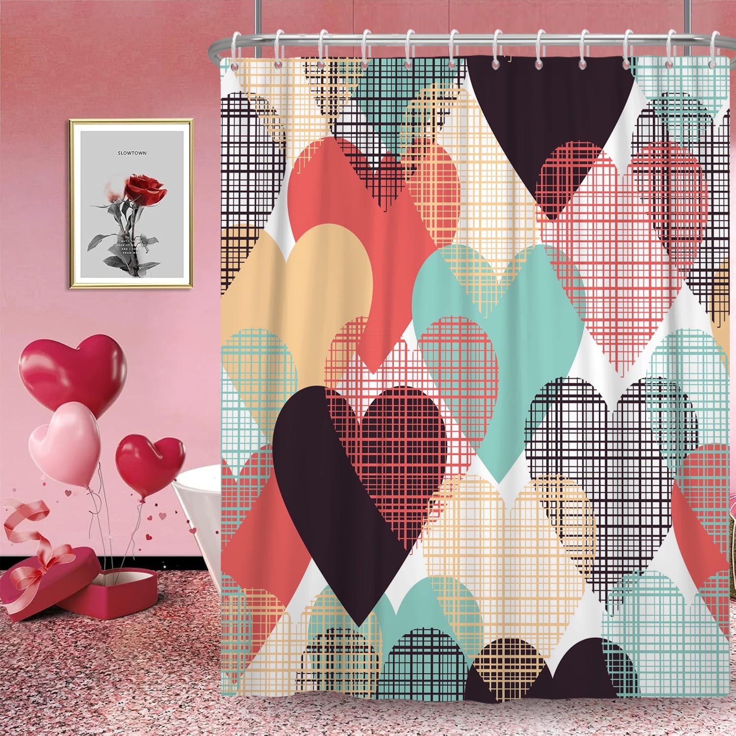 Mizhona Valentine's Day Shower Curtain Colorful Hearts Bathroom Curtains with Hooks 72"x78"