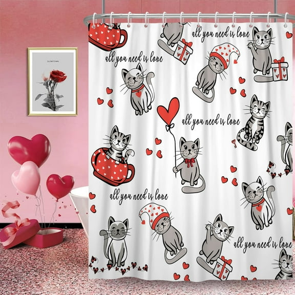 Mizhona Valentine's Day Shower Curtain Funny Cats with Hearts Bathroom Curtains Decor with Hooks 72"x72"