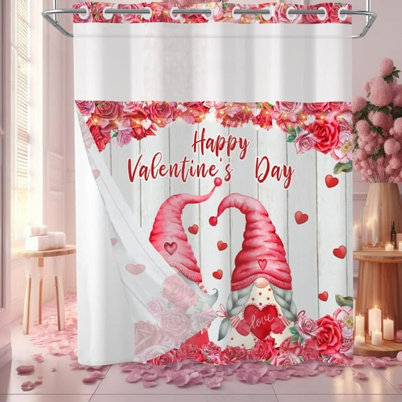 Mizhona Valentines Shower Curtain with Snap in Liner Red Pink Gonmes with Floral Fabric Bathroom Curtain,71"x74"
