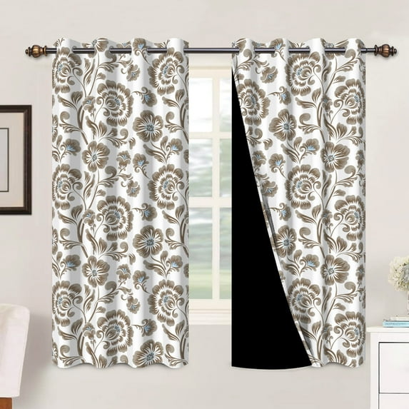 Mizhona Vintage Blackout Curtains for Bedroom,Brown and White Floral Printed Room Darkening Curtains Set of 2,42"x63"
