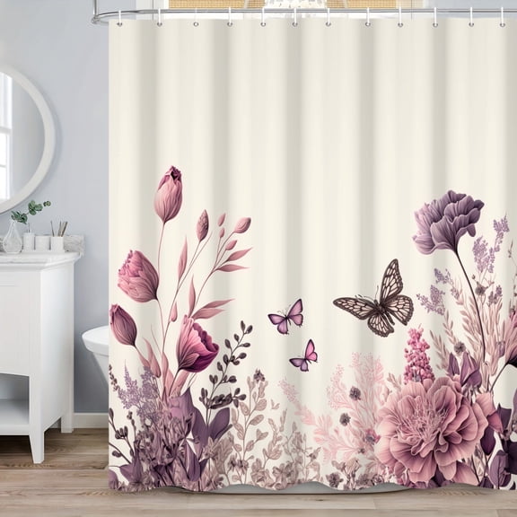 MIZHONA Purple Butterfly Shower Curtain Spring Floral Bathroom Curtain Decor 72"W x 72"L