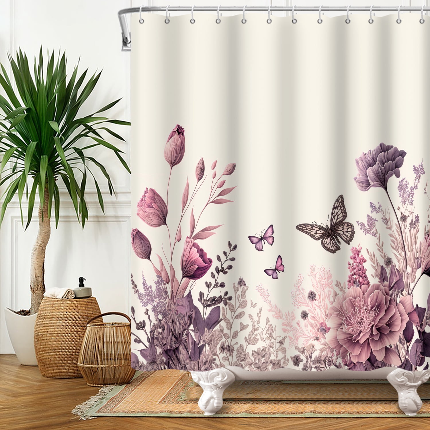 Mizhona Vintage Floral Shower Curtain with Butterfly for Bathroom Waterproof Polyester Pretty Elegant Washable 72"x78"