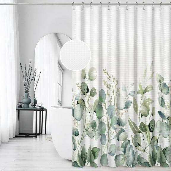 Mizhona Waffle Shower Curtain, Sage Green Plants Shower Curtain with Waffle Texture,Bath Curtains,72"x72"