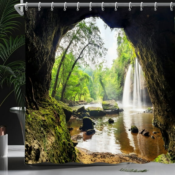 Mizhona Waterfall Shower Curtain for Bathroom Nature Scenery Shower Curtains Waterproof Polyester Green Landscape Decor 72"x78"