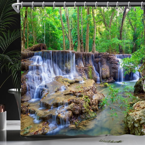 Mizhona Waterfall Shower Curtains Nature Forest Landscape for Bathroom Waterproof Washable Shower Curtains Green Decor 72"X72"