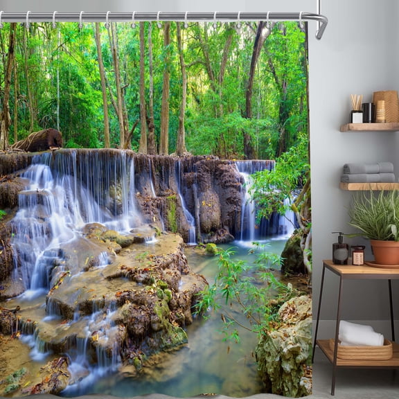 Mizhona Waterfall Shower Curtains Nature Forest Landscape for Bathroom Waterproof Washable Shower Curtains Green Decor 72"x78"