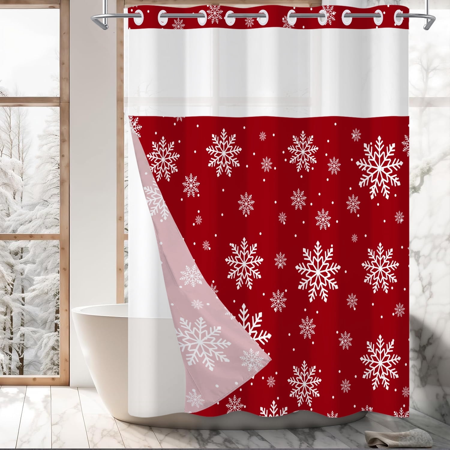 Mizhona White Snowflakes Hookless Shower Curtain with Snap in Liner，Red No Hooks Fabric Bath Curtain,71"× 74"