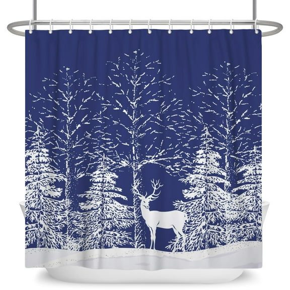 Mizhona Winter Shower Curtain Snowy forest Deer for Bathroom Rustic Landscape Snowflakes Waterproof Polyester with Hooks 72"x72"