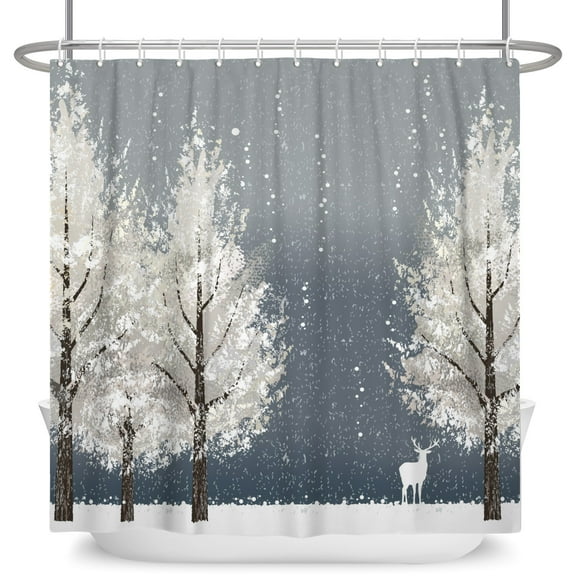 Mizhona Winter Shower Curtains Snowflakes Snowy forest Deer for Bathroom Modern Decor Waterproof with Hooks 72"x72"