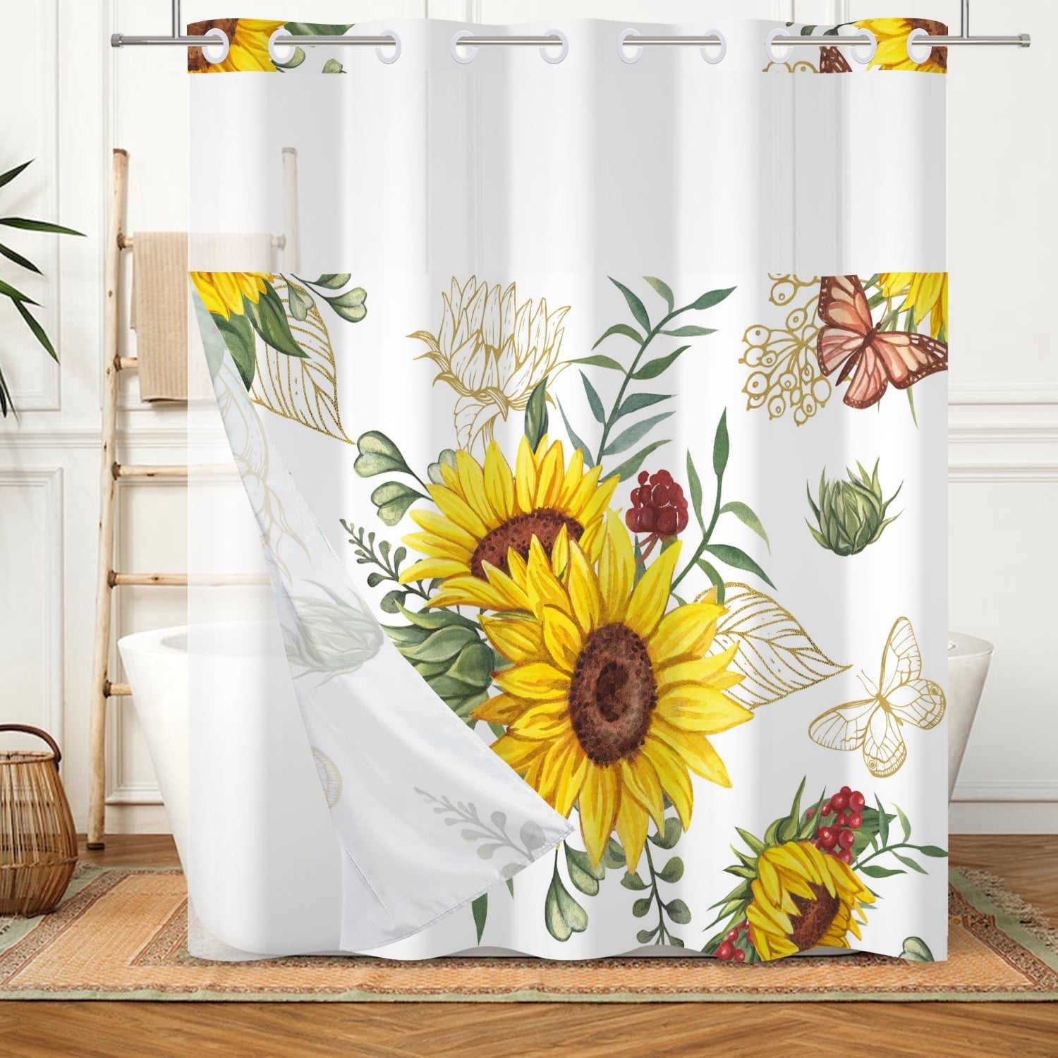 Mizhona Yellow Sunflower Shower Curtain with Snap in Liner,Butterfly No Hook Fabric Shower Curtain,71"x74"