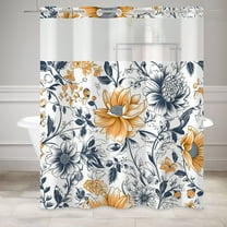 Mizhona Yellow and Blue Floral No Hooks Shower Curtains with Snap in Liner Blue and White Leaves Hookless Fabric Bathroom Curtain,71"× 74"