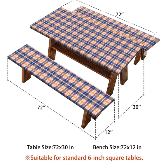 Mizhona Picnic Table Cover with Bench Covers Blue and Orange Checkered Rectangle Camping Table Cloth Waterproof Elastic Edge Reusable for Outdoors BBQ Patio 72"X30"
