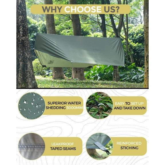 Miztli Camping Hammock with Net and Rain Fly - A Green Bundle, Portable Lightweight Outdoor Hammock for Camping, Hiking, Yard Adventure