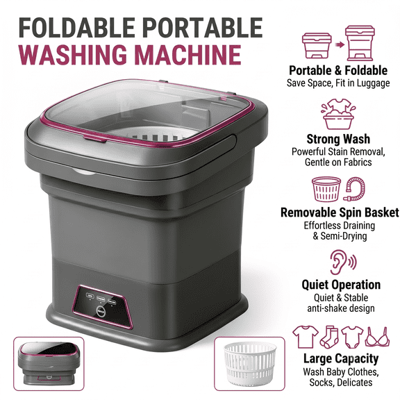 MizuAura Foldable Portable Washing Machine, Mini Washer with Removable Spin Basket, 3 Cleaning Modes Compact Washer for RV, Camping, Apartment and Travel, Baby Clothes & Delicates, Grey/Purple
