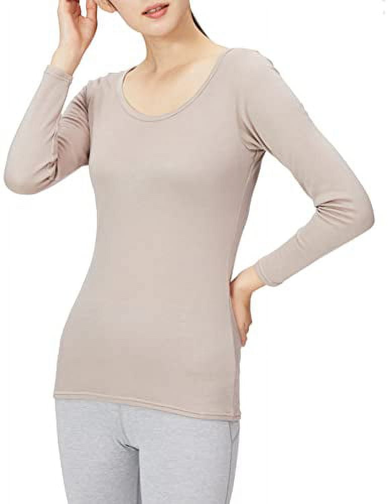 Mizuno Breath Thermo Underwear Plus Round Neck Long Sleeve Shirt Inner Underwear Moisture Absorption Heat Generation Women s Greige Japan M