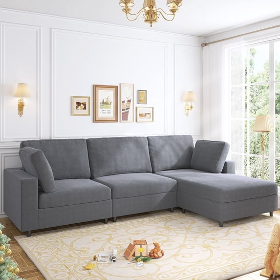 Mjkone 106" L Shaped Sectional Couch, Upgraded Linen Fabric Sectional Sofa with Chaise, Oversized Couches and Sofas for Living Room (Dark Gray-Right)