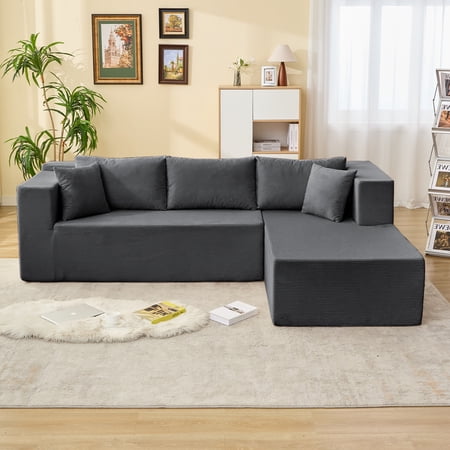 Mjkone 106”L Shaped Sectional Sofa with Chaise, Modular Corduroy couch with Deep Seat, Convertible Cloud Sectional Sofa for Living Room-Dark Grey
