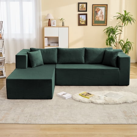 Mjkone 106”L Shaped Sectional Sofa with Chaise, Modular Corduroy couch with Deep Seat, Convertible Cloud Sectional Sofa for Living Room-Green