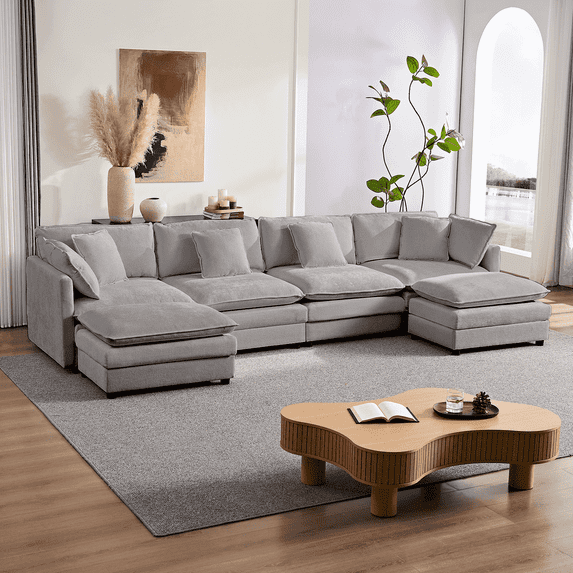 Mjkone U-Shaped Sectional Sofa with Ottoman, Modern 6-Seater - Light Grey