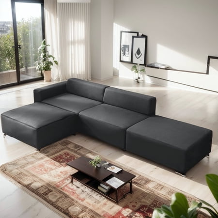 Mjkone 115"W Convertible Modular L Shaped Sectional Sofa for Living Room,Leathaire Fabric Sectional w/ Moveable Ottoman,Dark Grey