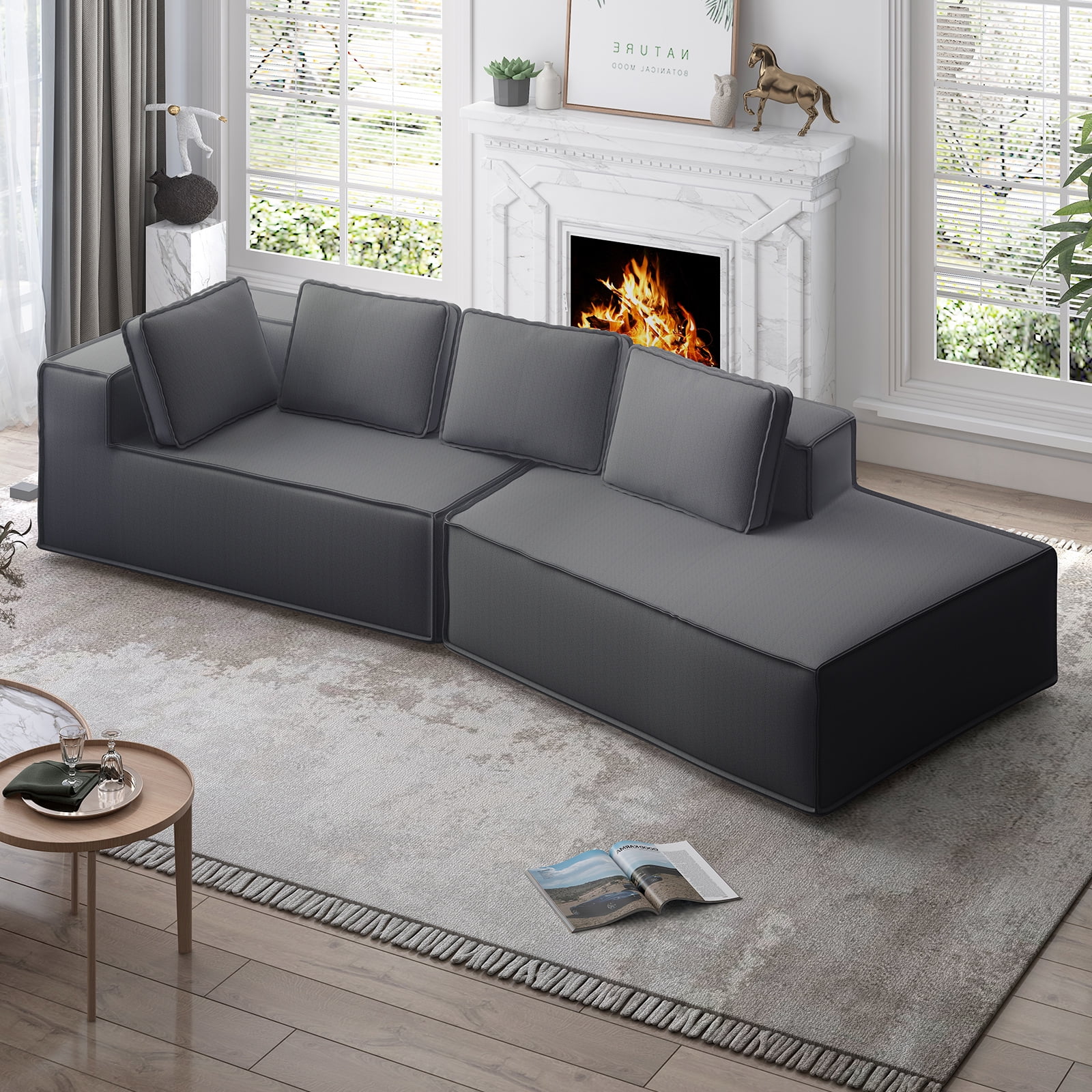 Mjkone 122'' Convertible Sectional Sofa, Oversized Sleeper Couch, Curved Modern Sofas for Living Room - Dark Gray