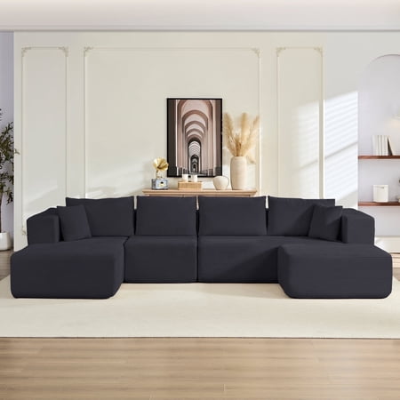 Mjkone 135'' Oversized Modular Sectional Sofa, Corduroy Cloud Sectional Couch with Ottoman for Living Room, No Assembly Required,Black