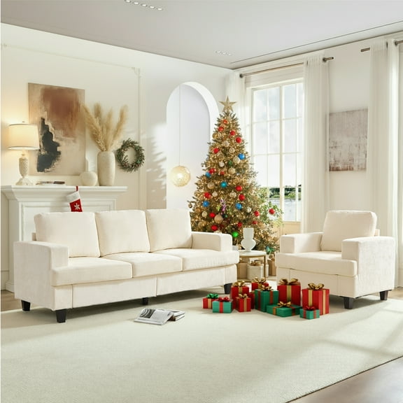 Mjkone 2-Piece Living Room Furniture Sets, Chenille Couch and Loveseat Set, Modern Sectional Sofa Sets for Living Room, Apartment, 3-Seater   Single Sofa,Beige