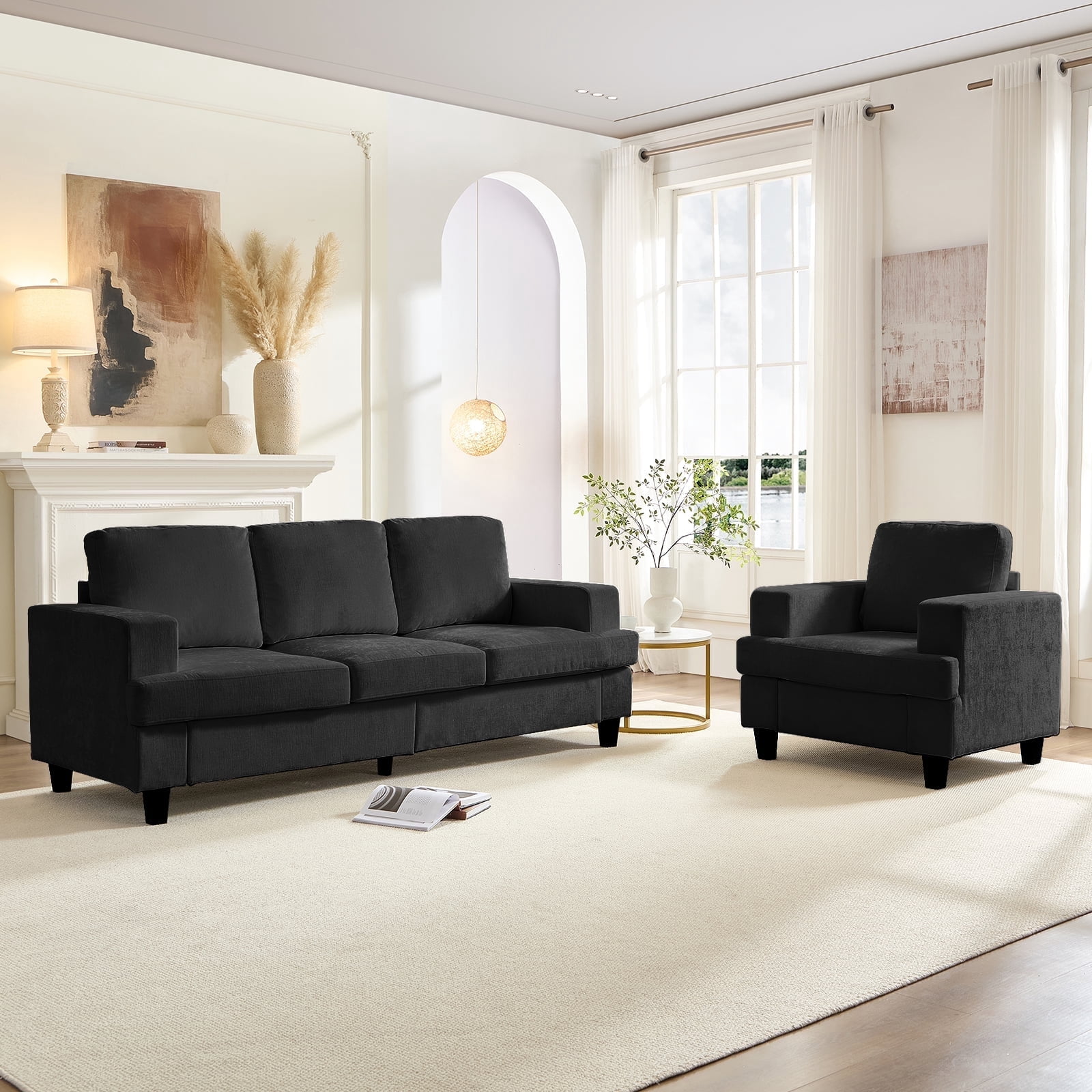 Mjkone 2-Piece Living Room Furniture Sets, Chenille Couch and Loveseat Set, Modern Sectional Sofa Sets for Living Room, Apartment, 3-Seater + Single Sofa,Dark Grey