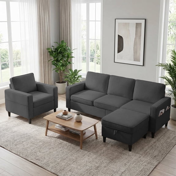Mjkone 2 Pieces Living Room Furniture Sets, Linen Sectional Sofas and Couches Set with Storage Ottoman for Living Room, 3-Seater + Accent Chair + Ottoman,Dark Gray