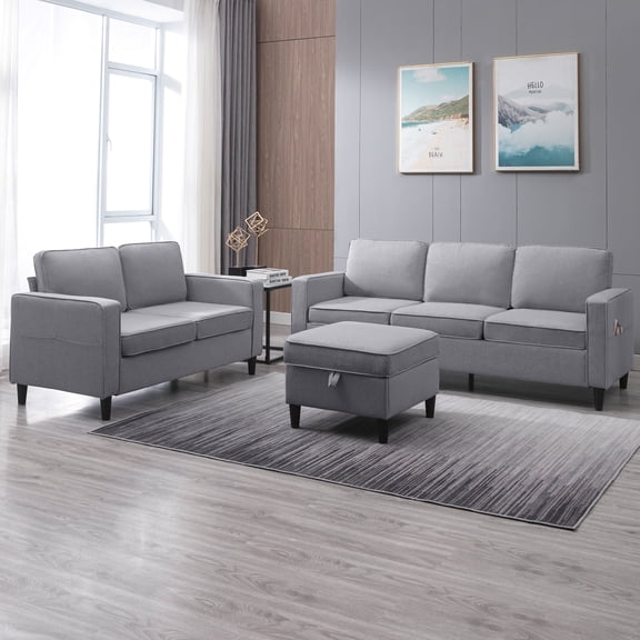 Mjkone 2 Pieces Living Room Furniture Sets, Sectional Sofas and Couches Set with Storage Ottoman for Living Room, 3-Seater   Loveseat   Ottoman,Light Gray
