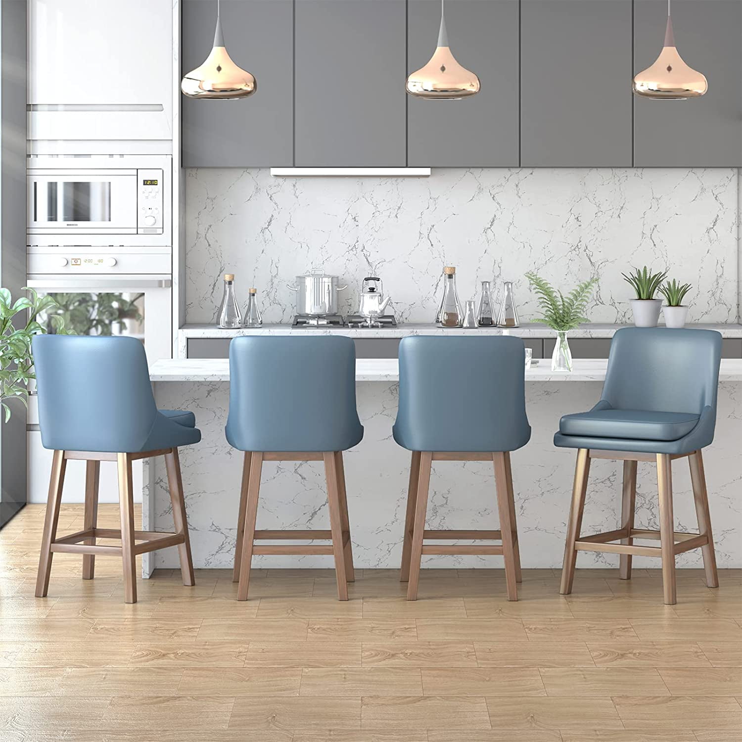 Mjkone 26 Dark Blue Faux Leather Counter Height Bar Stools with Wood Base Set of 4