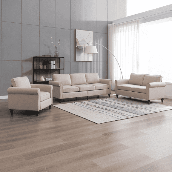 Mjkone Soft Couches Set for Living Room,3 Piece Modular Sleeper Sofa with 5.9" Upholstered Cushion Including Three Seat Sofa, Loveseat and Single Chair for Apartment Furniture Set (Beige)