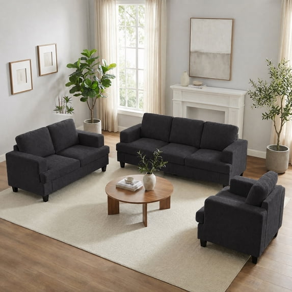 Mjkone Living Room Furniture Sofa Sets, Modern 3 Pieces Sectional Sofa Sets for Apartment, 3-Seater + Single Sofa + Loveseat, Dark Grey