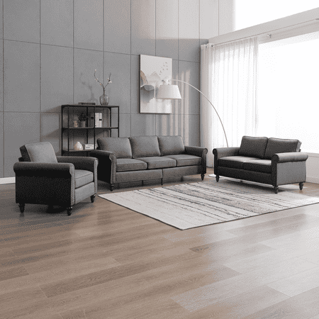 Mjkone Soft Couches Set for Living Room,3 Piece Modular Sleeper Sofa with 5.9" Upholstered Cushion Including Three Seat Sofa, Loveseat and Single Chair for Apartment Furniture Set (Dark Grey)