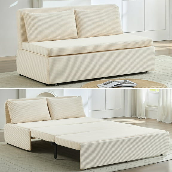 Mjkone Corduroy Pull Out Sofa Bed Queen, Loveseat Convertible Sleeper Sofa for Small Living Room/Apartment,Beige