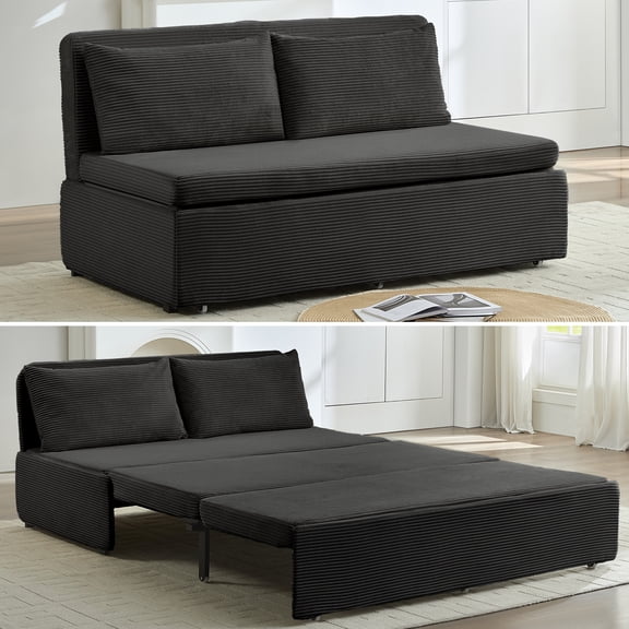 Mjkone Corduroy Pull Out Sofa Bed Queen, Loveseat Convertible Sleeper Sofa for Small Living Room/Apartment,Dark Gray