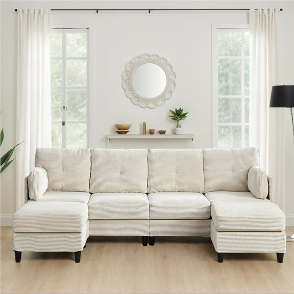 Mjkone 4-seater U Shaped Sectional Sofa, Corduroy Sectional Couch with Chaise, Modern Modular Couches and Sofas for Living Room-Beige
