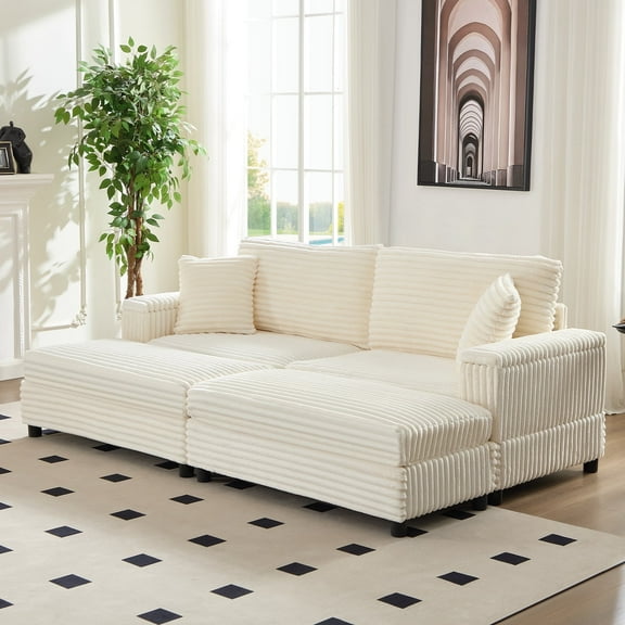 Mjkone 85’’ Loveseat Sectional Sofa with 2 Ottoman,Corduroy Deep Seat Couch with Storage Armrests Living Room Furniture,Beige