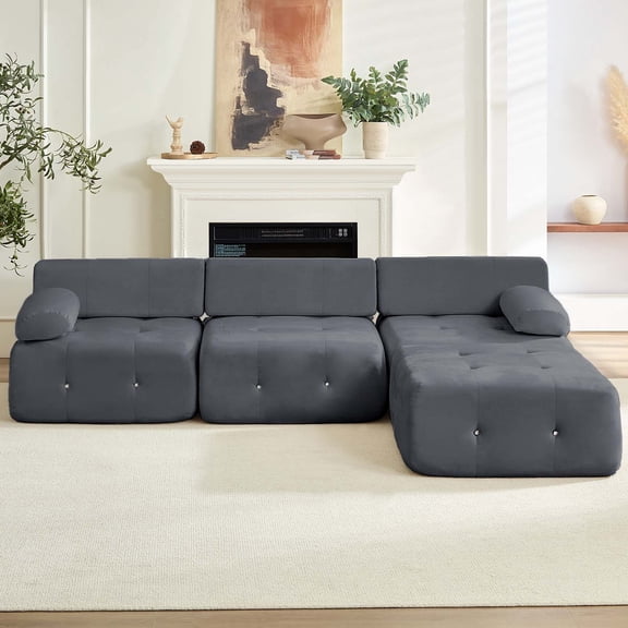 Mjkone L-Shaped Modular Sectional Sofa,Velvet Cloud Couch with Ottoman, Boneless Sectionals for Living Room,No Assembly Required (Dark Grey)
