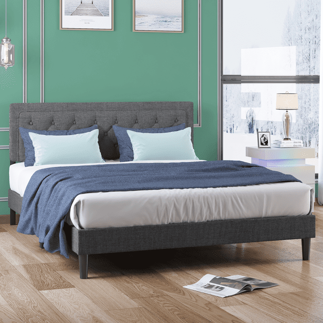 Mjkone Bed Frame with Headboard,Queen Upholstered Platform Metal Bed Frame with Steel Slat Support / No Box Spring Needed / Easy Assembly/No Mattress,Dark Grey