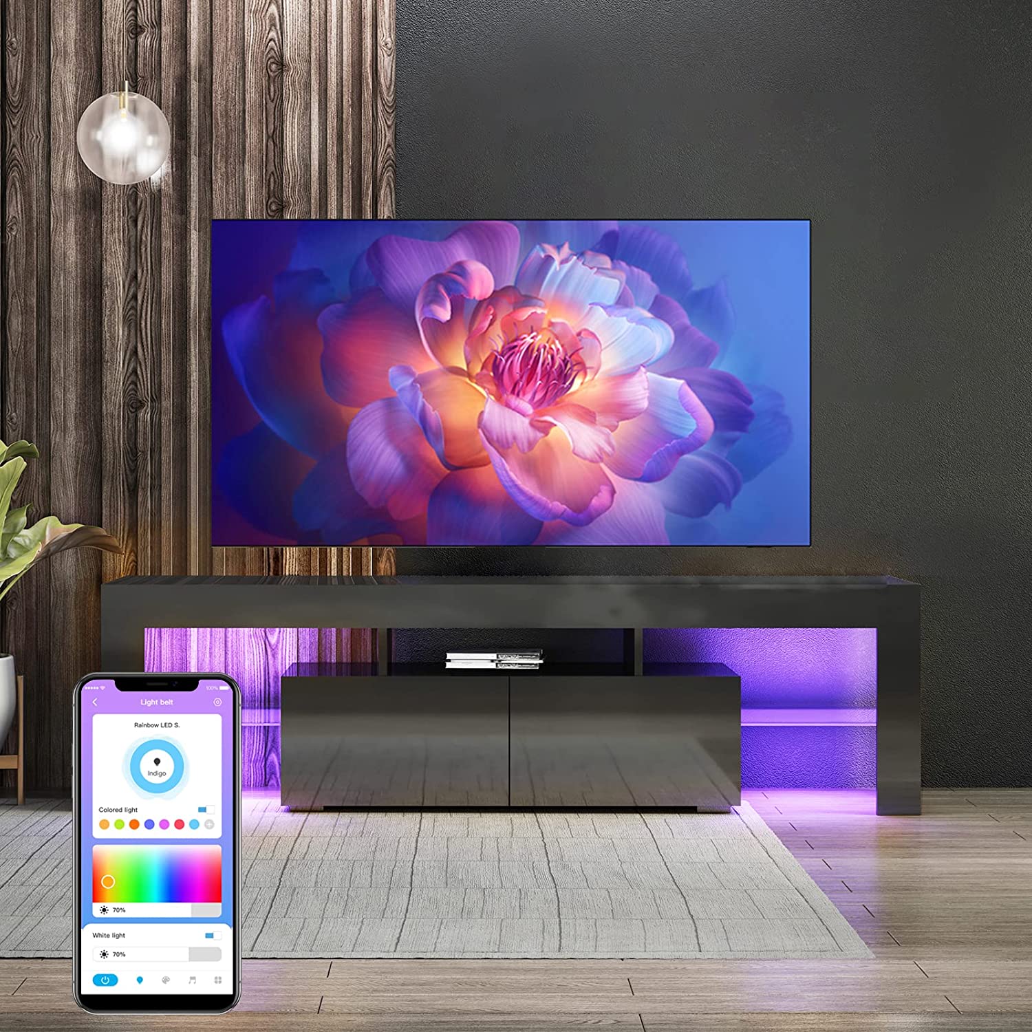 Mjkone Black TV Stand for 65+ Inch TV, High Gloss Television Stands